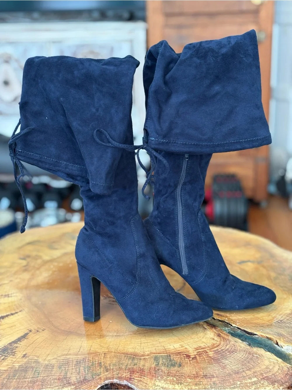 Unisa navy blue over the knee faux suede boots, size 6 thigh high